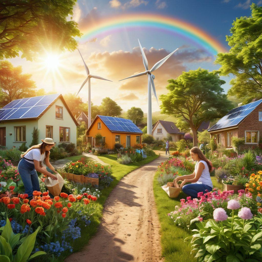 A serene landscape featuring a diverse group of people planting trees and tending to a lush garden, surrounded by wildlife and vibrant greenery. Sunlight filters through the leaves, illuminating a rainbow of flowers in bloom, with reusable bags and eco-friendly tools scattered around. The background showcases windmills and solar panels, symbolizing sustainable technology harmonizing with nature. Emphasize a sense of community and joy in nurturing the earth. super-realistic. vibrant colors. 3D.