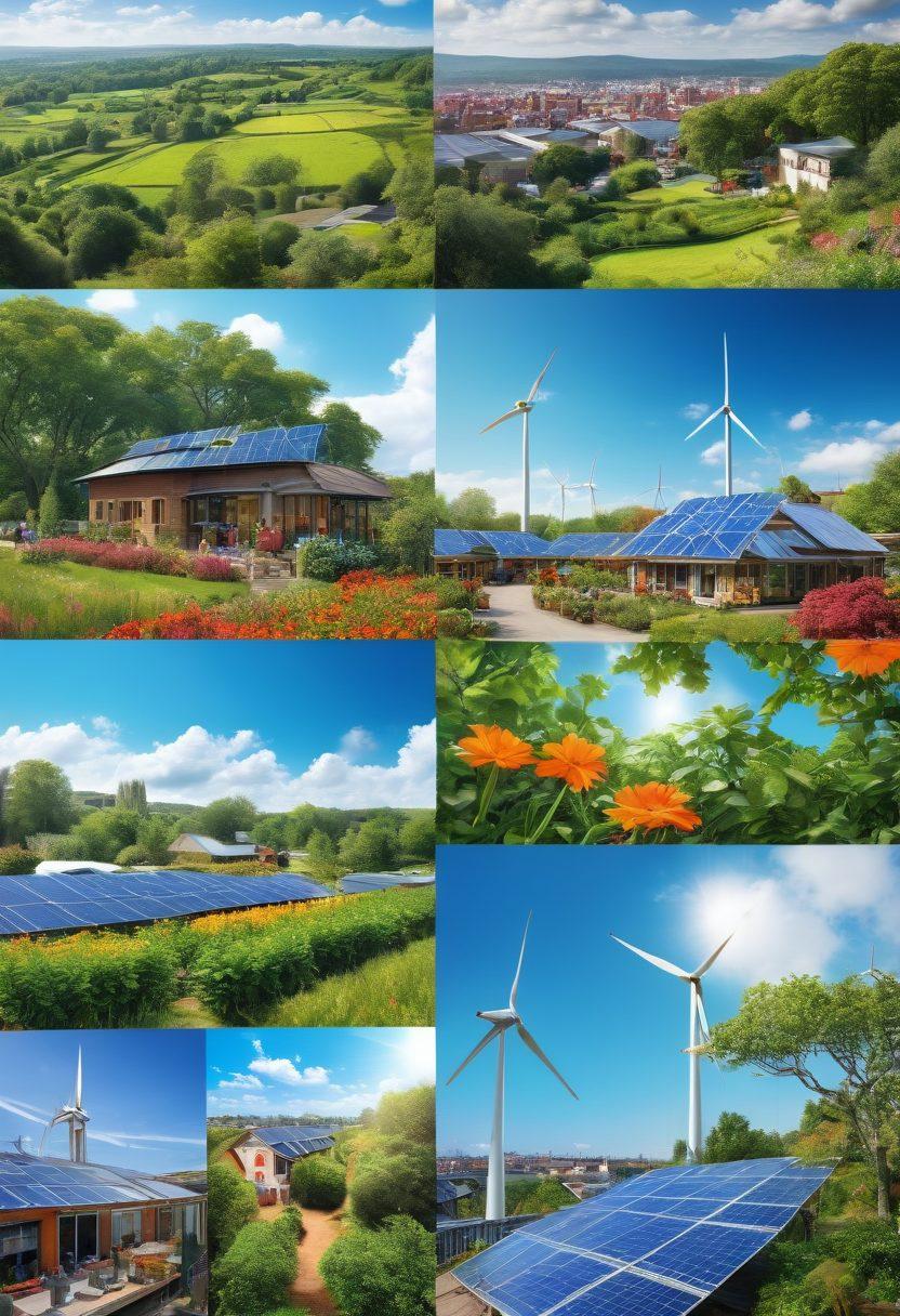 A vibrant collage showcasing various aspects of sustainable living: a lush green forest with solar panels, urban gardens on rooftops, a farmer's market with diverse produce, and a bustling city powered by wind turbines. Include diverse people engaging in eco-friendly activities, like cycling and recycling. The backdrop should emphasize a clean, blue sky symbolizing hope. super-realistic. vibrant colors. 3D.